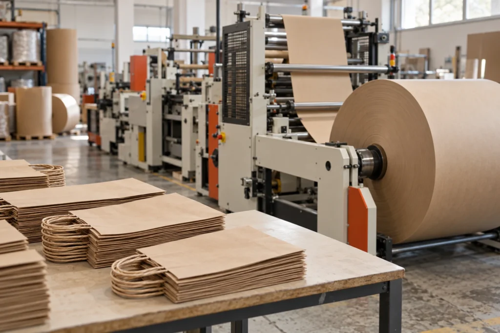 Recreación con IA de una máquina, bobina kraft y bolsas de papel en un taller genérico.