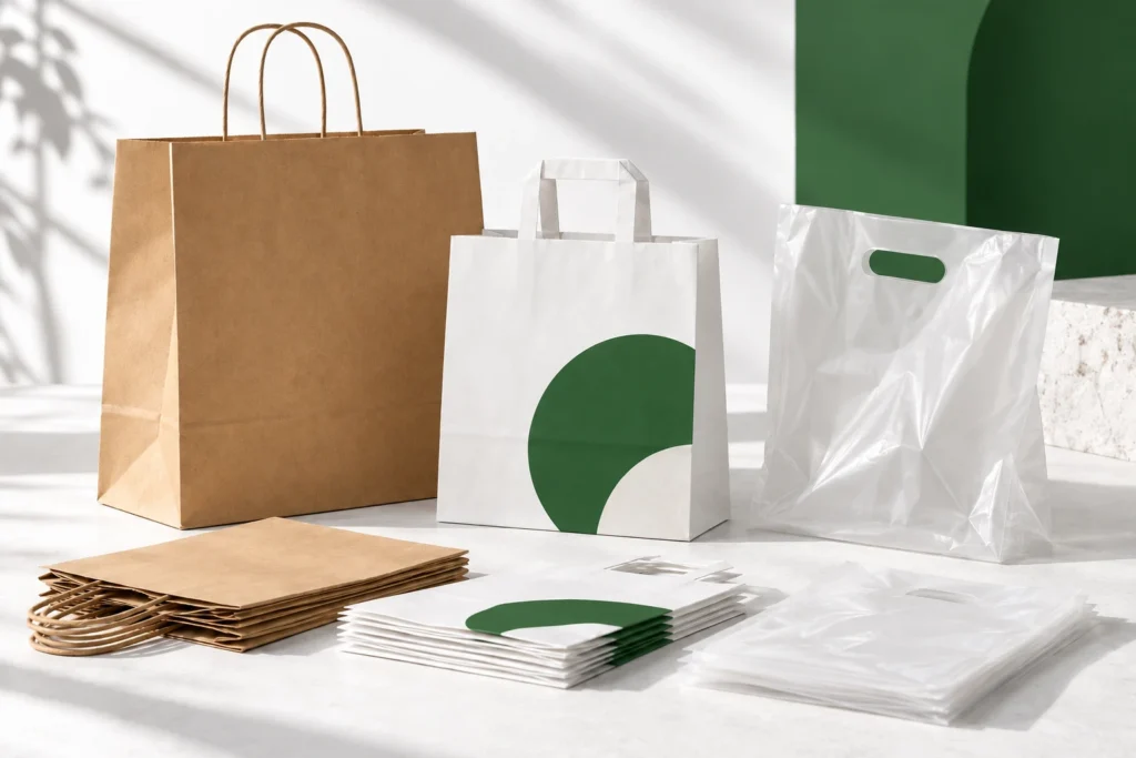 Ejemplos ilustrativos de bolsas comerciales de papel kraft, papel blanco y plástico.