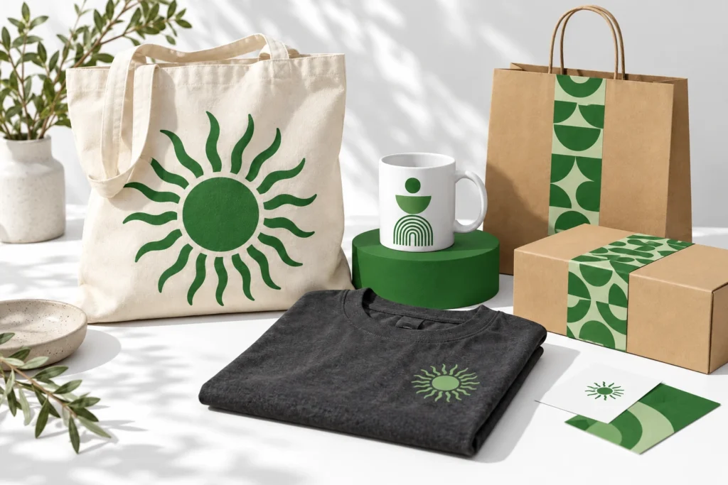 Composición ilustrativa de productos personalizados: bolsa de tela, camiseta, taza y packaging.