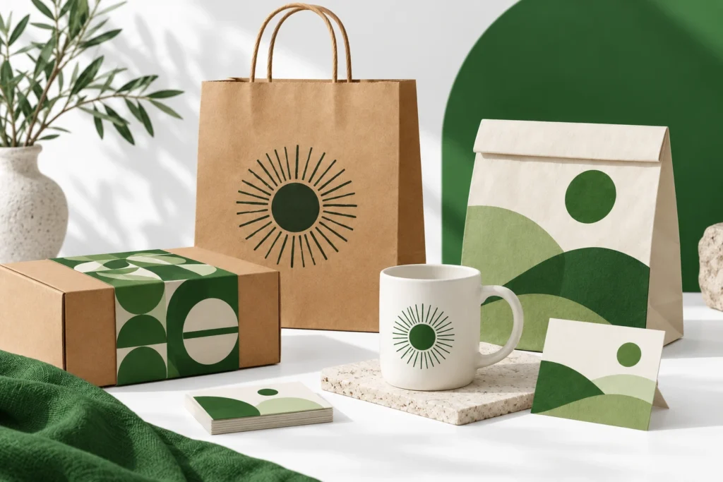 Bolsas de papel, caja, taza y tarjetas con diseños verdes, como ejemplos de merchandising.