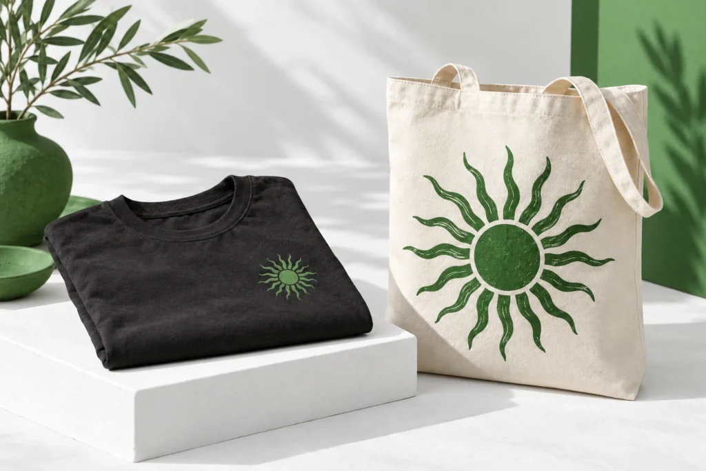 Camiseta oscura y bolsa de tela con estampado verde, como ejemplo de personalización textil.
